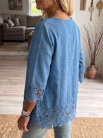 Vintage Elegant Openwork Lace Patchwork Denim Shirt