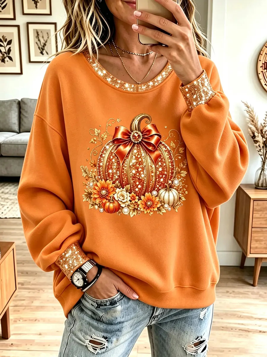 Vintage Pumpkin Pattern Shiny Art Casual Stylish Long Sleeve Sweatshirt