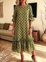 Retro Polka Dot Pattern Art Print Casual Ruffle Stylish Cotton Linen Dress