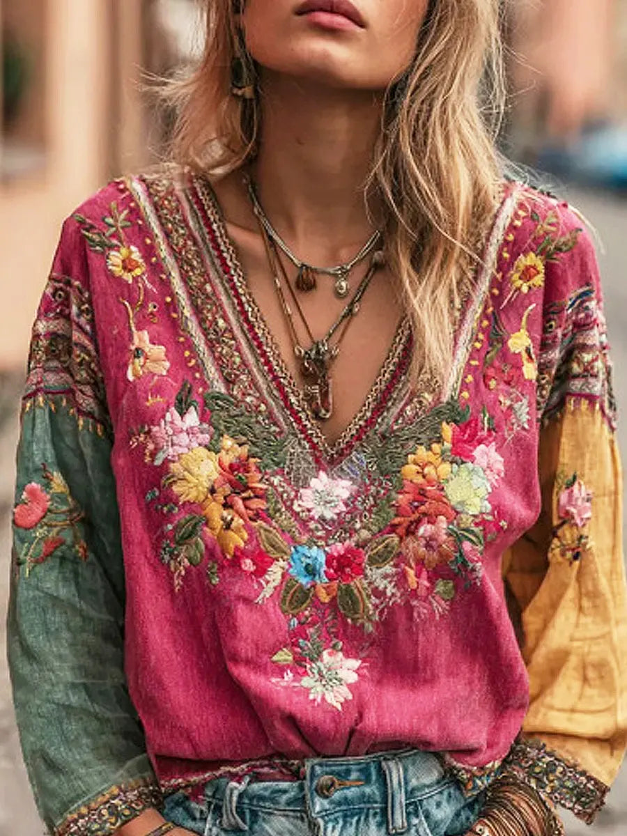Retro Floral Embroidery Art Casual Stylish Long Sleeve Cotton Linen Shirt