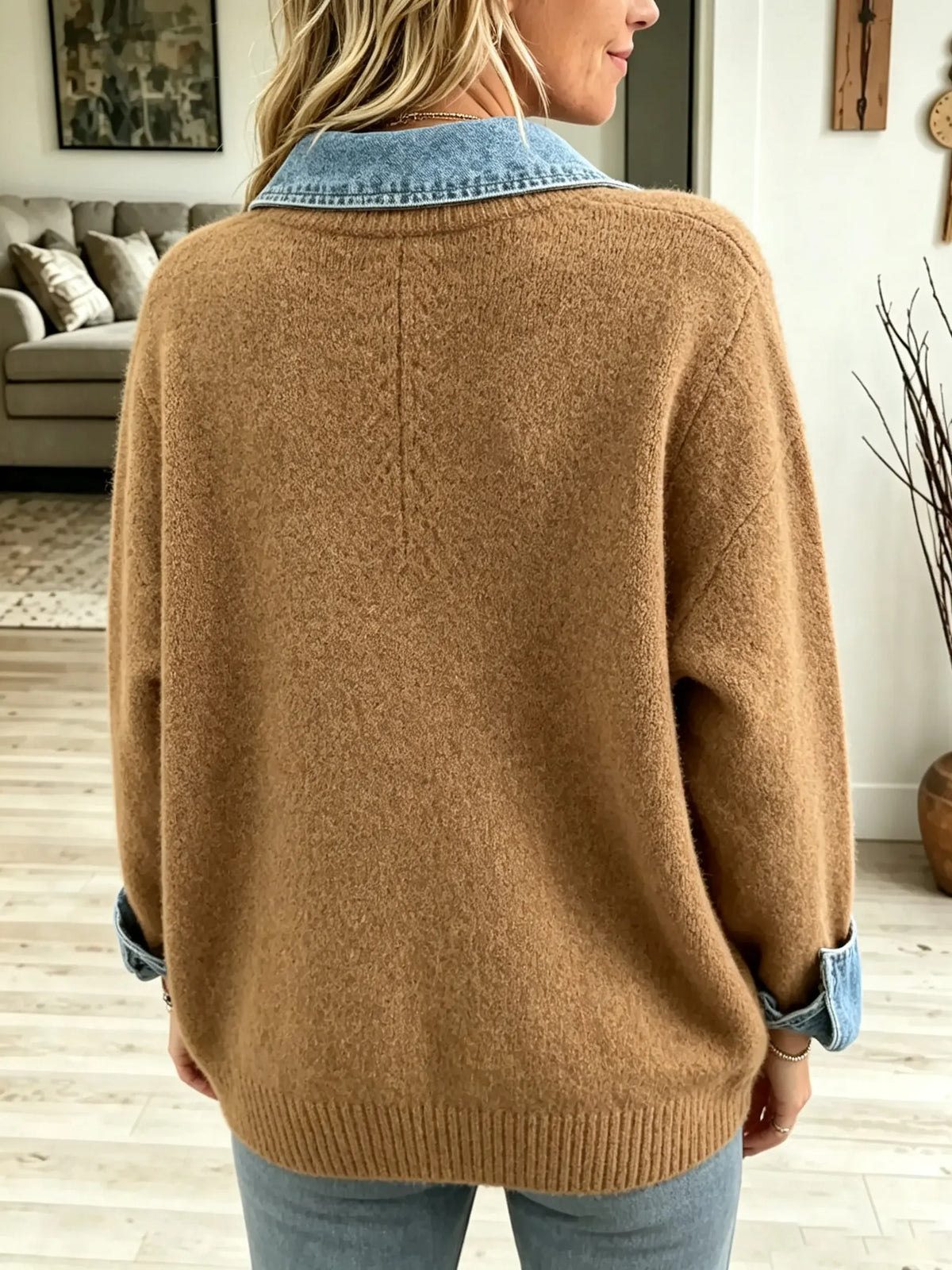 Women's Denim Trim V-Neck Knit Top