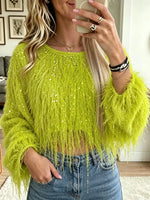 Women's Sequin Feather Fringe Cropped Top