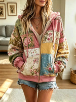 Retro Floral Patchwork Hooded Art Casual Stylish Long Sleeve Cotton Coat