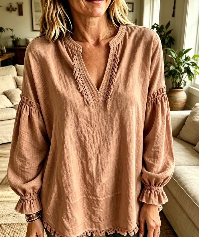 Women Boho Fringe V‑Neck Puff Long Sleeve Blouse Top