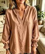 Women Boho Fringe V‑Neck Puff Long Sleeve Blouse Top