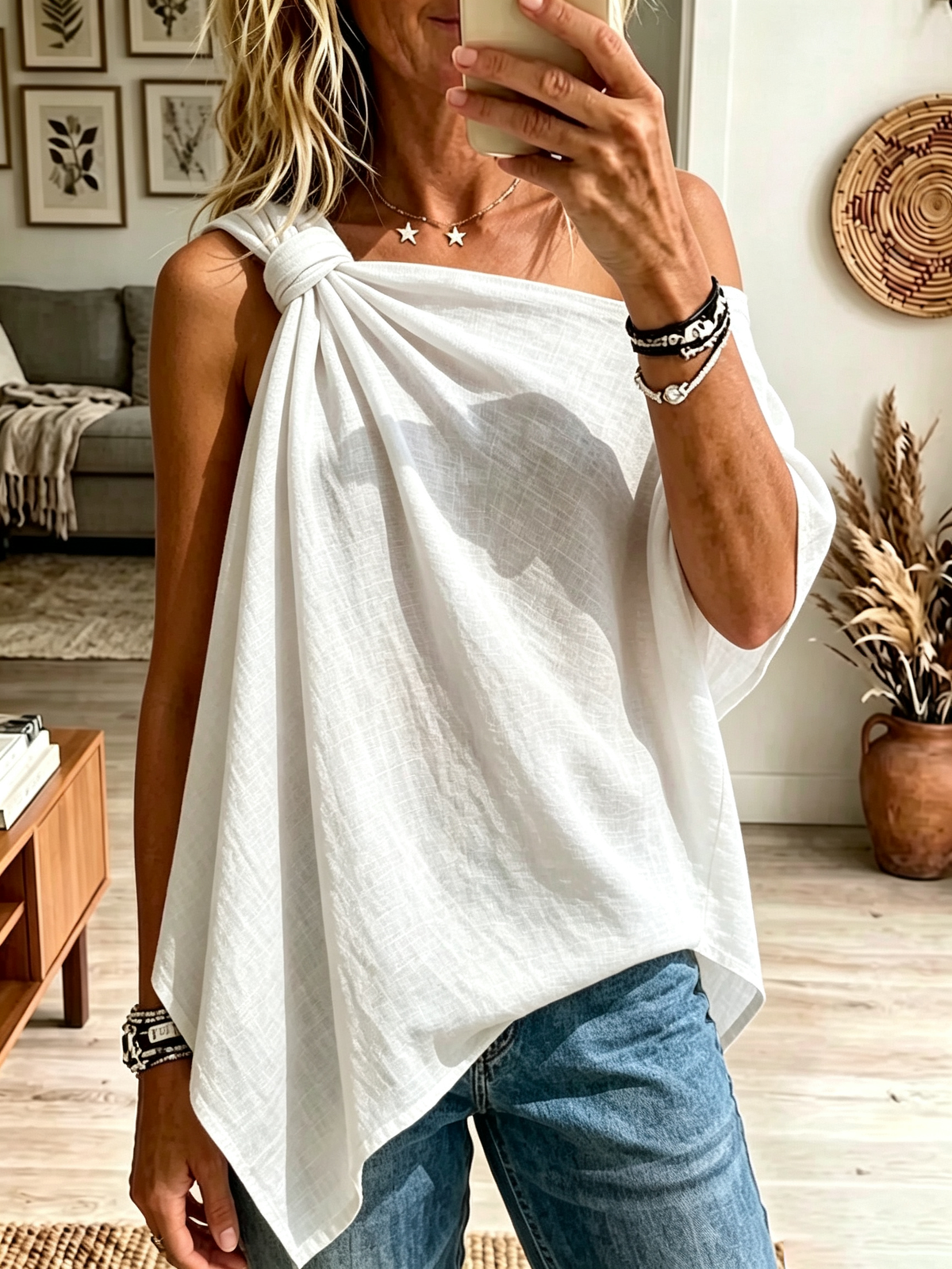 Women's One-Shoulder Knotted Asymmetrical Linen Top