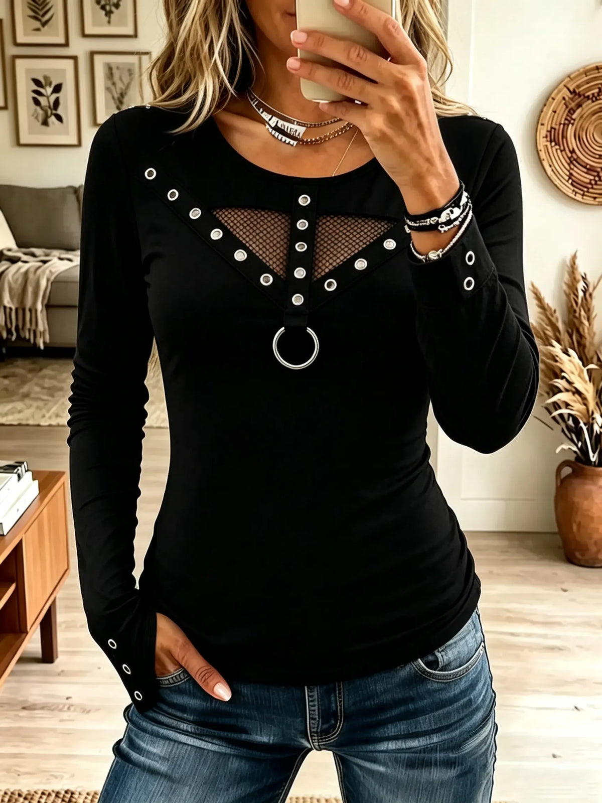 Women's Mesh Cutout O-Ring Grommet Long-Sleeve Top