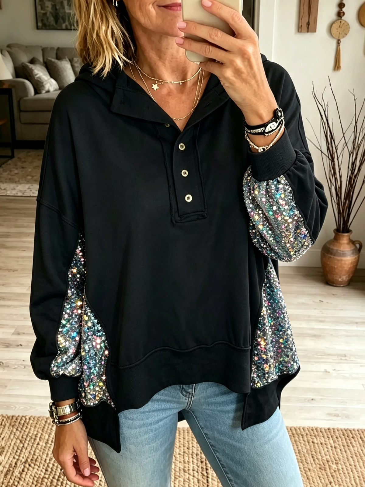 Women's Sequin Accent Button-Up Hoodie