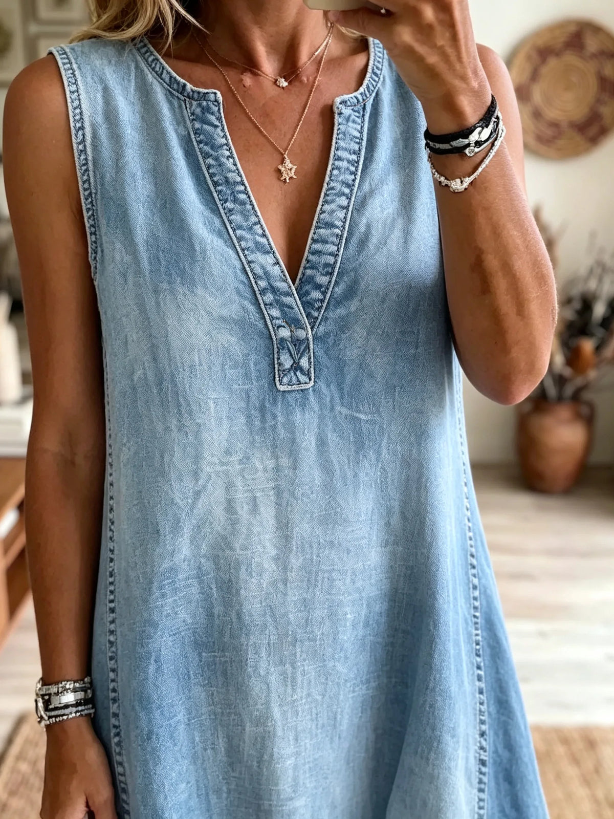 Women Washed Denim V-neck Sleeveless Midi Dress
