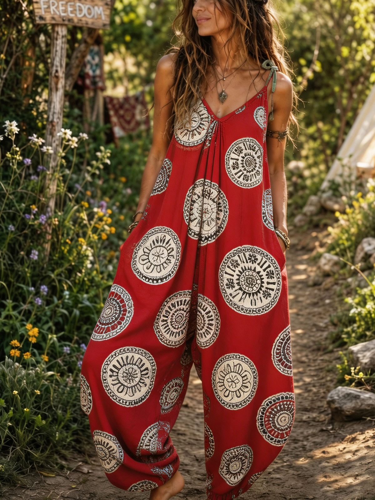 Women’s Red Mandala Print Spaghetti Strap Boho Harem Jumpsuit With Pockets