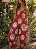 Women’s Red Mandala Print Spaghetti Strap Boho Harem Jumpsuit With Pockets