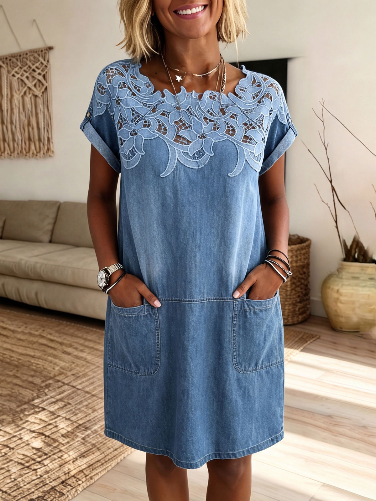 Women's Lace Yoke Spliced Denim Shift Dress With Front Pockets