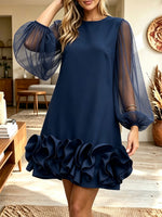 Women Mesh Puff Sleeve Ruffle Hem Mini Dress Crew Neck Loose Party Shift Dress