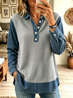 Women's Denim Contrast Waffle Knit Henley Top