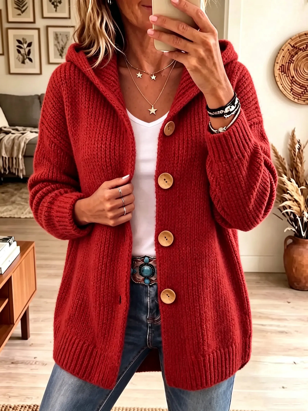 Women's Chunky Knit Button-Down Hooded Cardigan