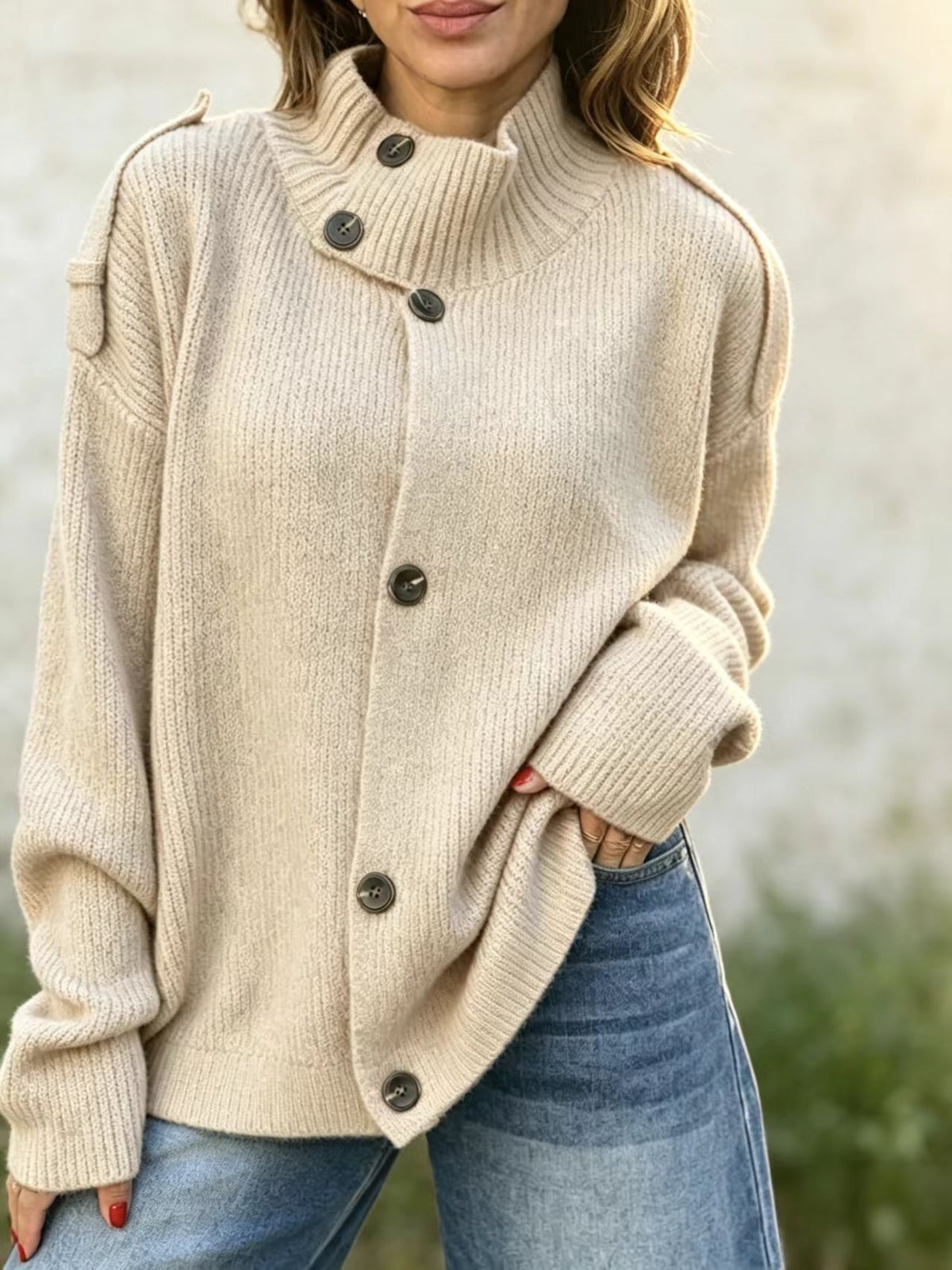 Stand Collar Button‑Down Shoulder Detail Knit Cardigan