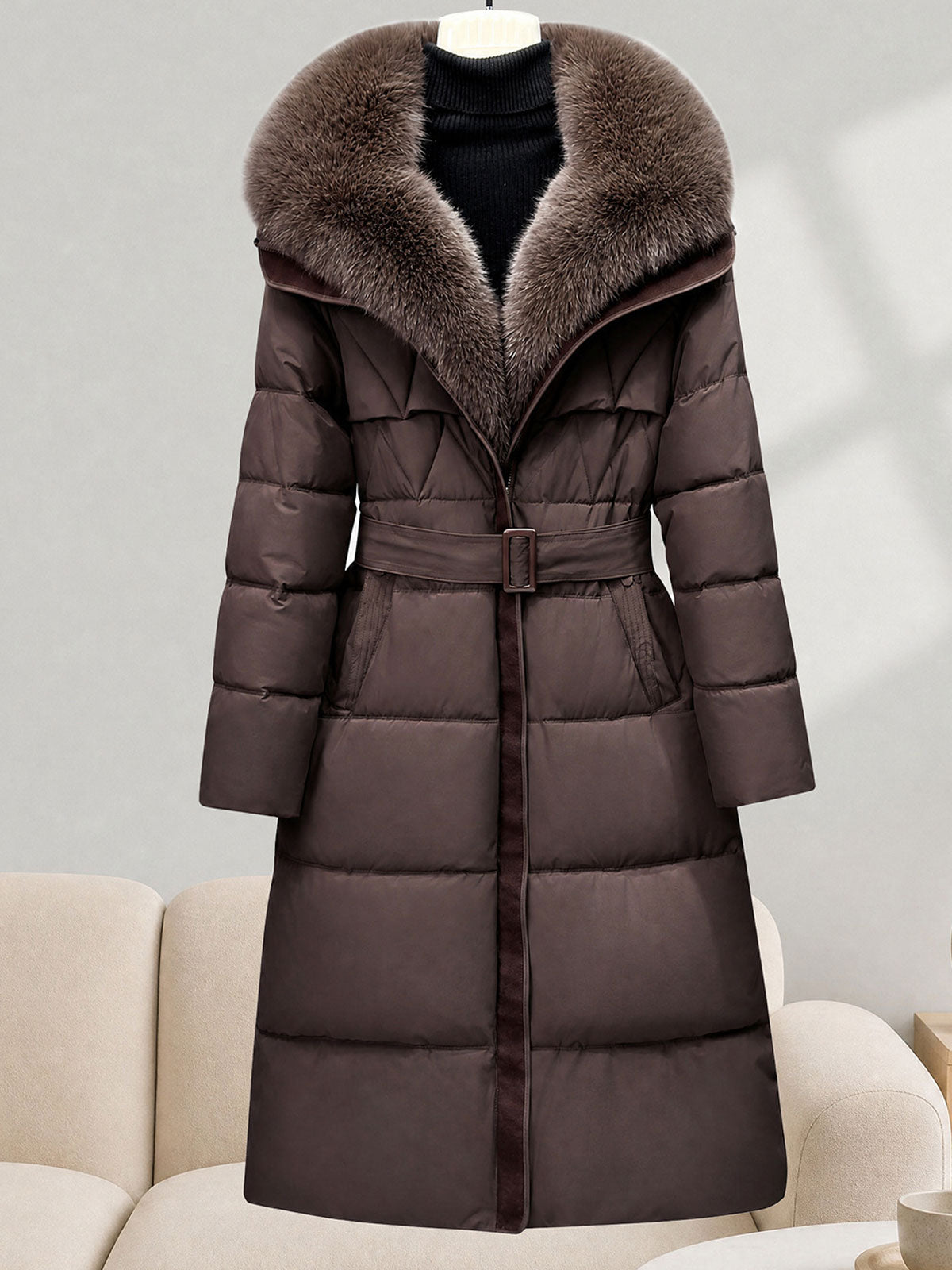 Detachable Faux Fur Hood Belted Long Puffer Coat, Women Winter Warm Quilted Outerwear