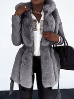 Women Hooded Faux Fur & PU Leather Spliced Belted Winter Coat