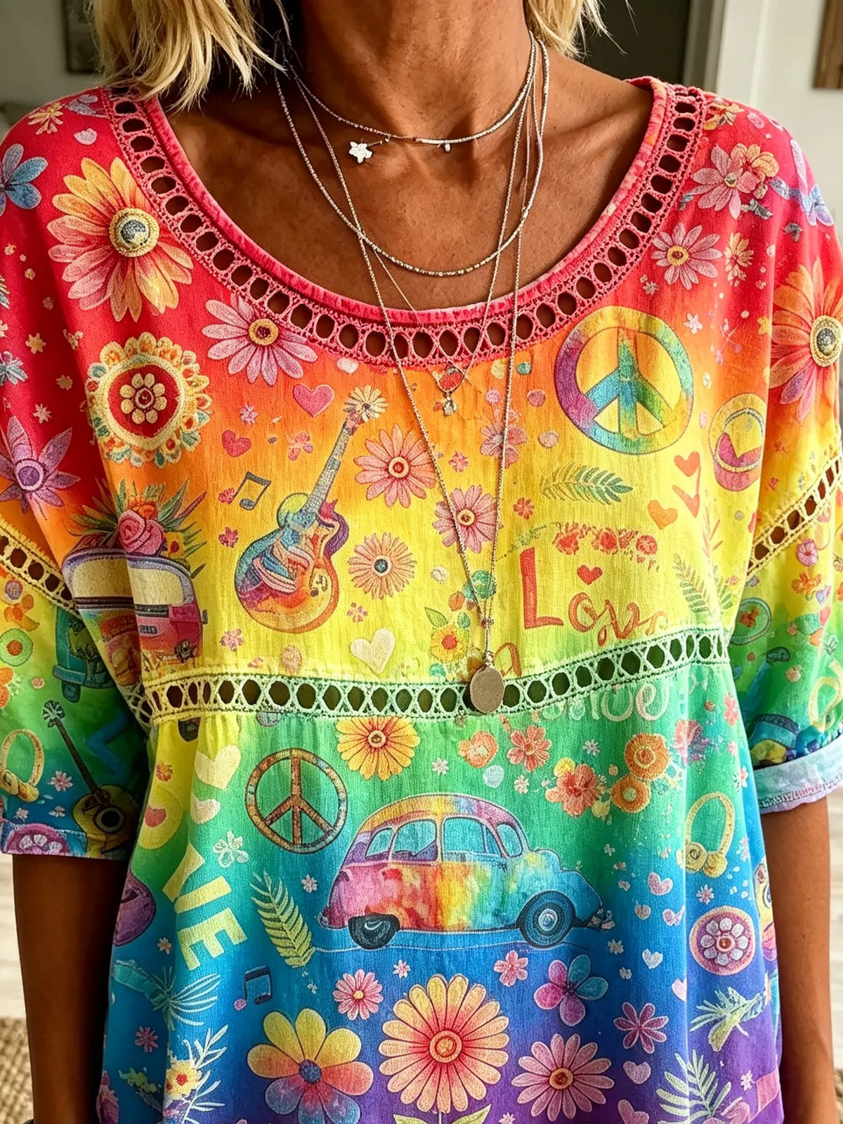 Women Rainbow Hippie Car Floral Print Loose 3/4 Sleeve Top