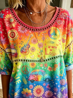 Women Rainbow Hippie Car Floral Print Loose 3/4 Sleeve Top