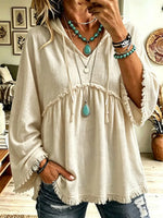 Retro Hooded Loose Art Casual Stylish 3/4 Sleeve Cotton Shirt
