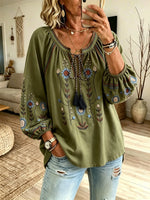 Women's Colorful Daisy Floral Print Tie Neck Puff Sleeve Top