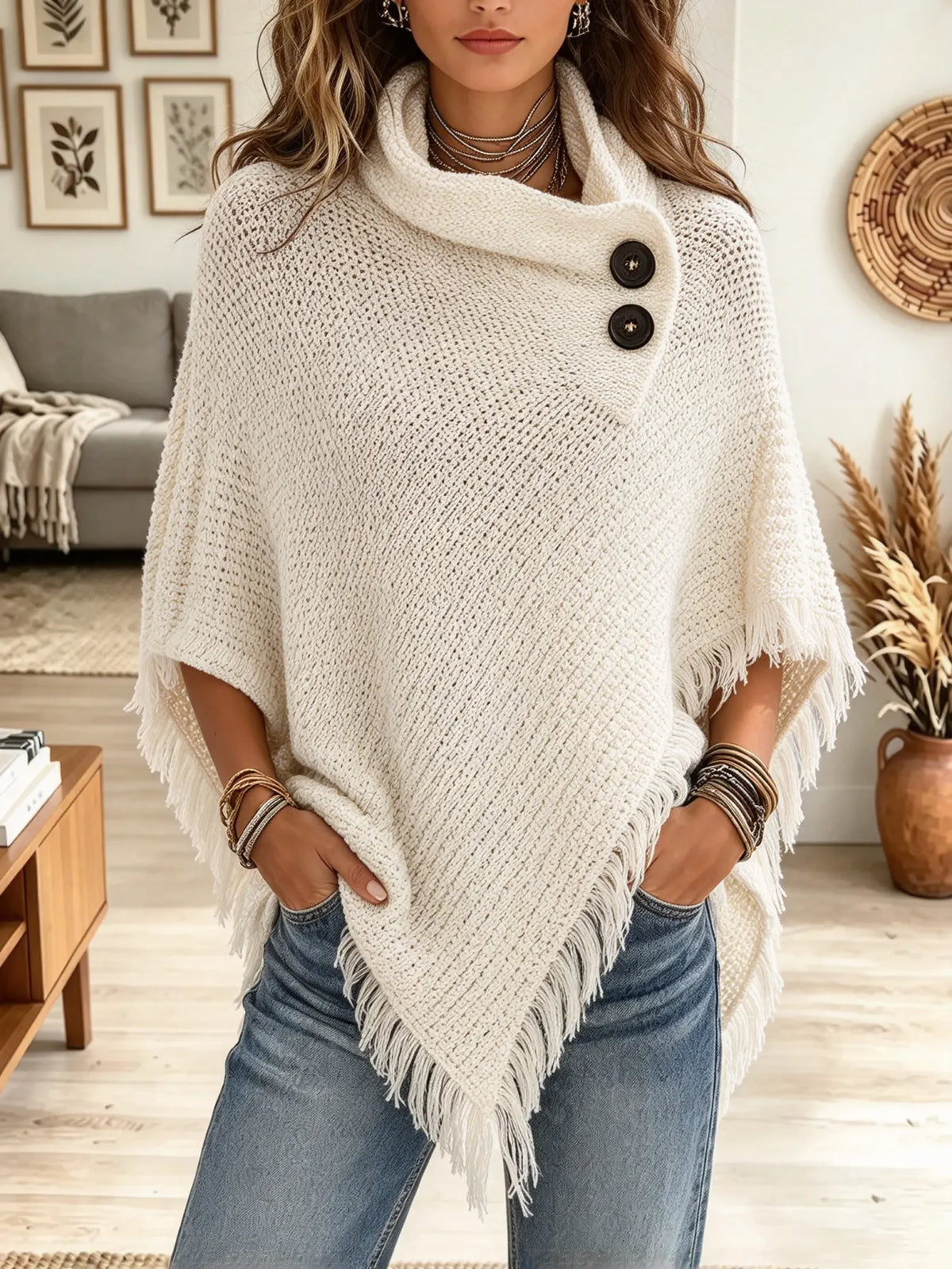 Women's Button Cowl Neck Fringe Knit Poncho