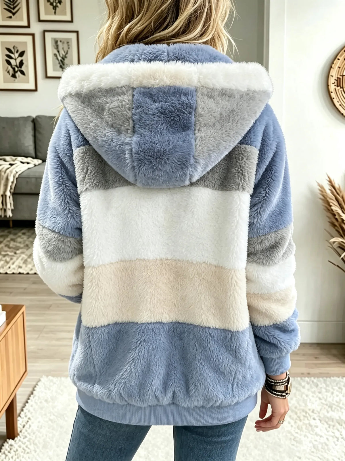 Women's Color-Block Plush Fleece Hooded Jacket