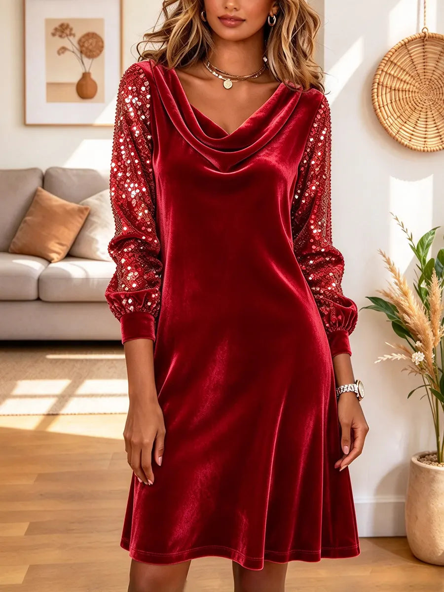 Vintage Elegant Cowl Neck Shiny Art Casual Stylish Long Sleeve Dress