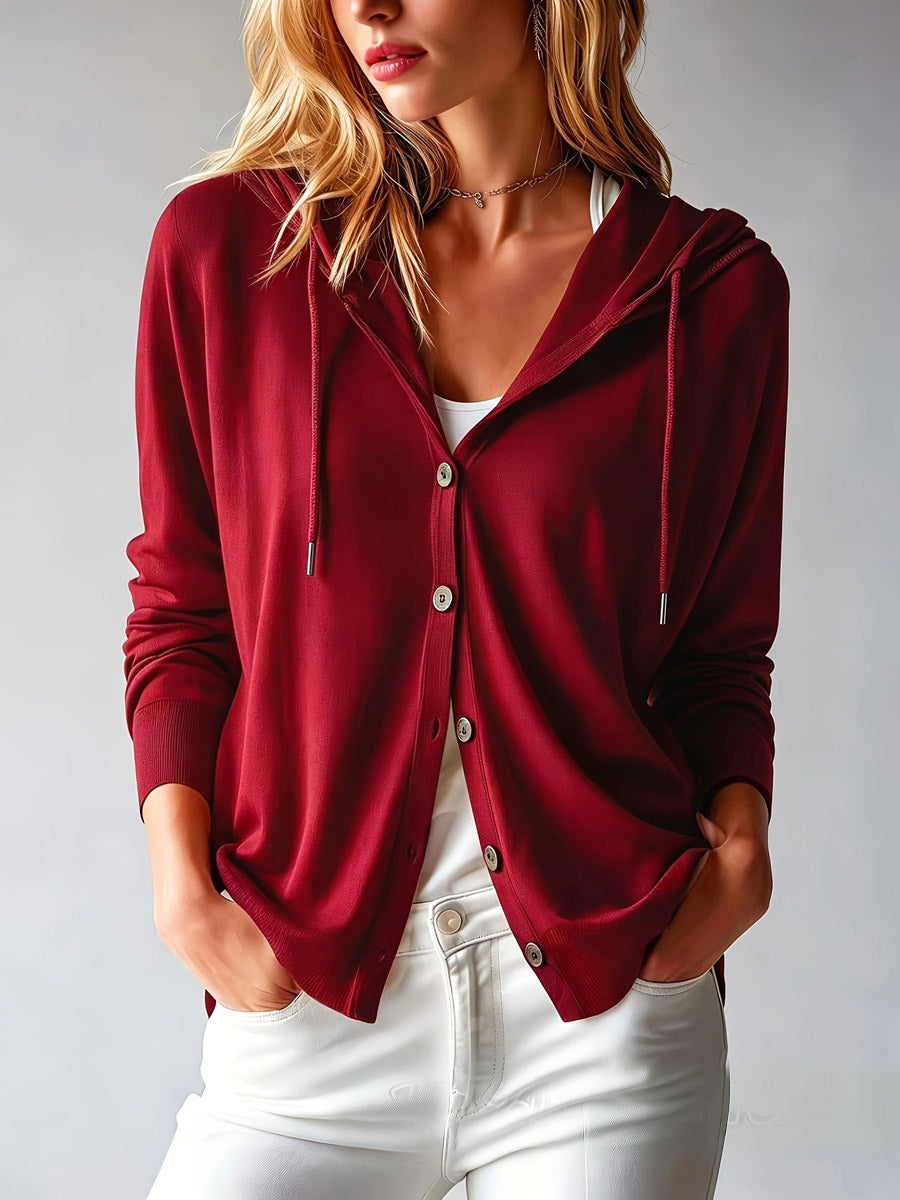 Women's Solid Color Art Casual Hooded Long Sleeve Button Knit Cardigan