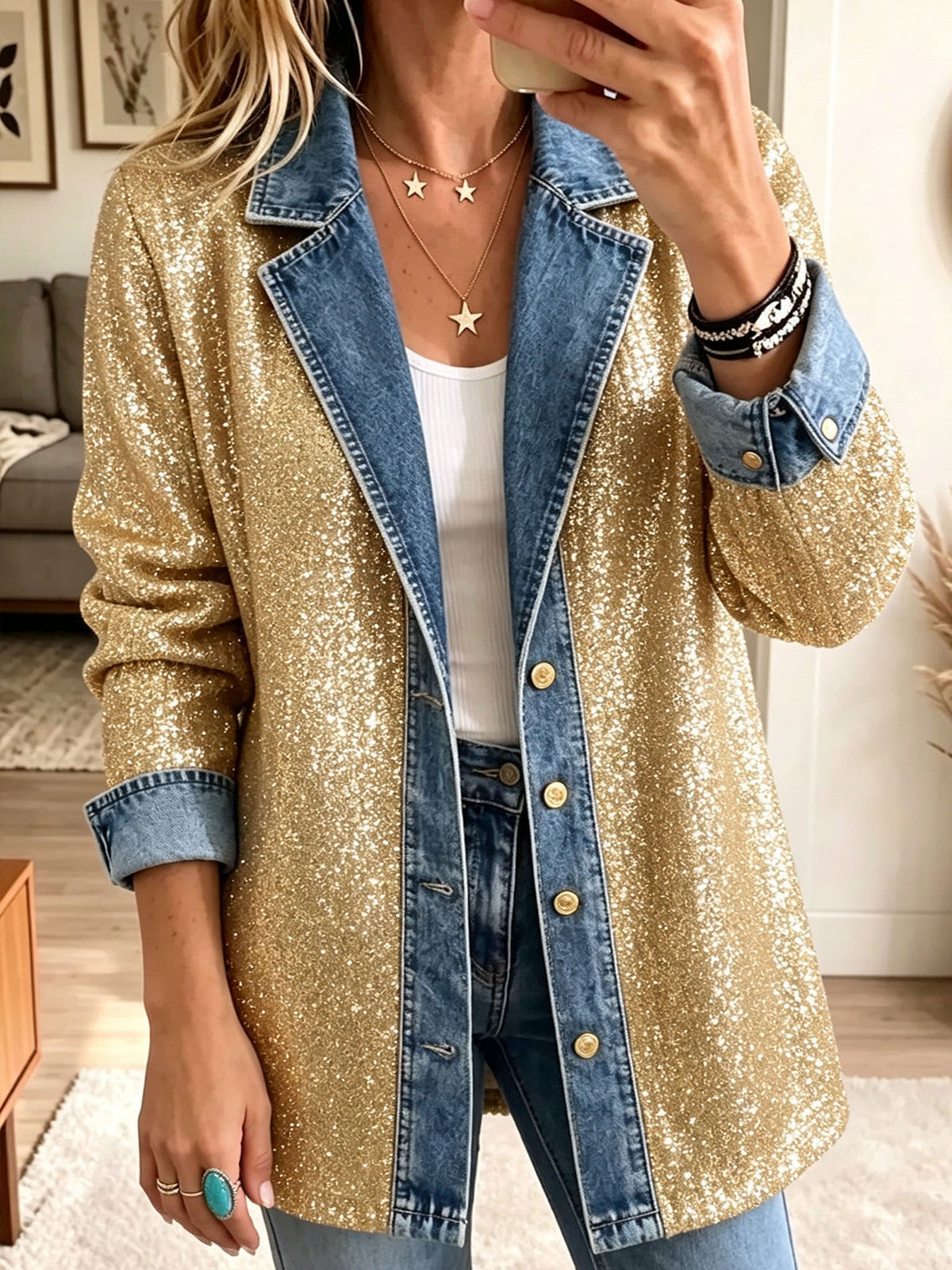 Gold Glitter Denim Spliced Blazer Jacket, Women Lapel Button Party Outerwear