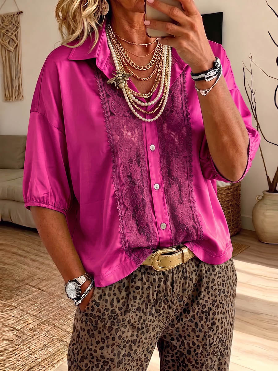 Vintage Elegant Shimmering Satin Patchwork Openwork Lace Shirt