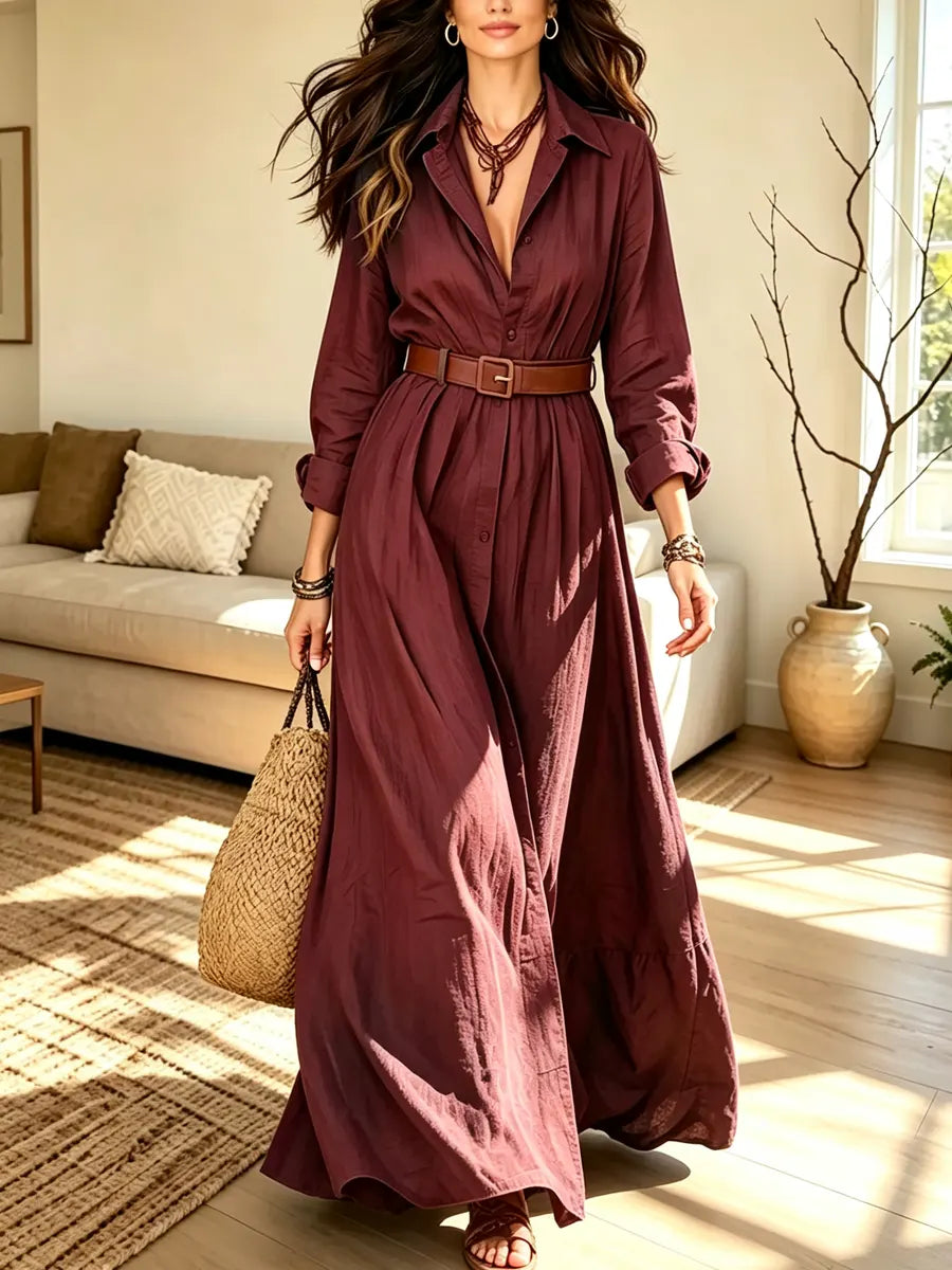 Retro Solid Color Art Casual Stylish Lapel Long Sleeve Maxi Dress