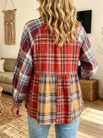Color Block Plaid Patchwork Button‑Down Shirt, Women Lantern Sleeve Gathered Waist Blouse