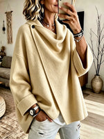 Women's Asymmetrical Button Wrap Collar Poncho Sweater