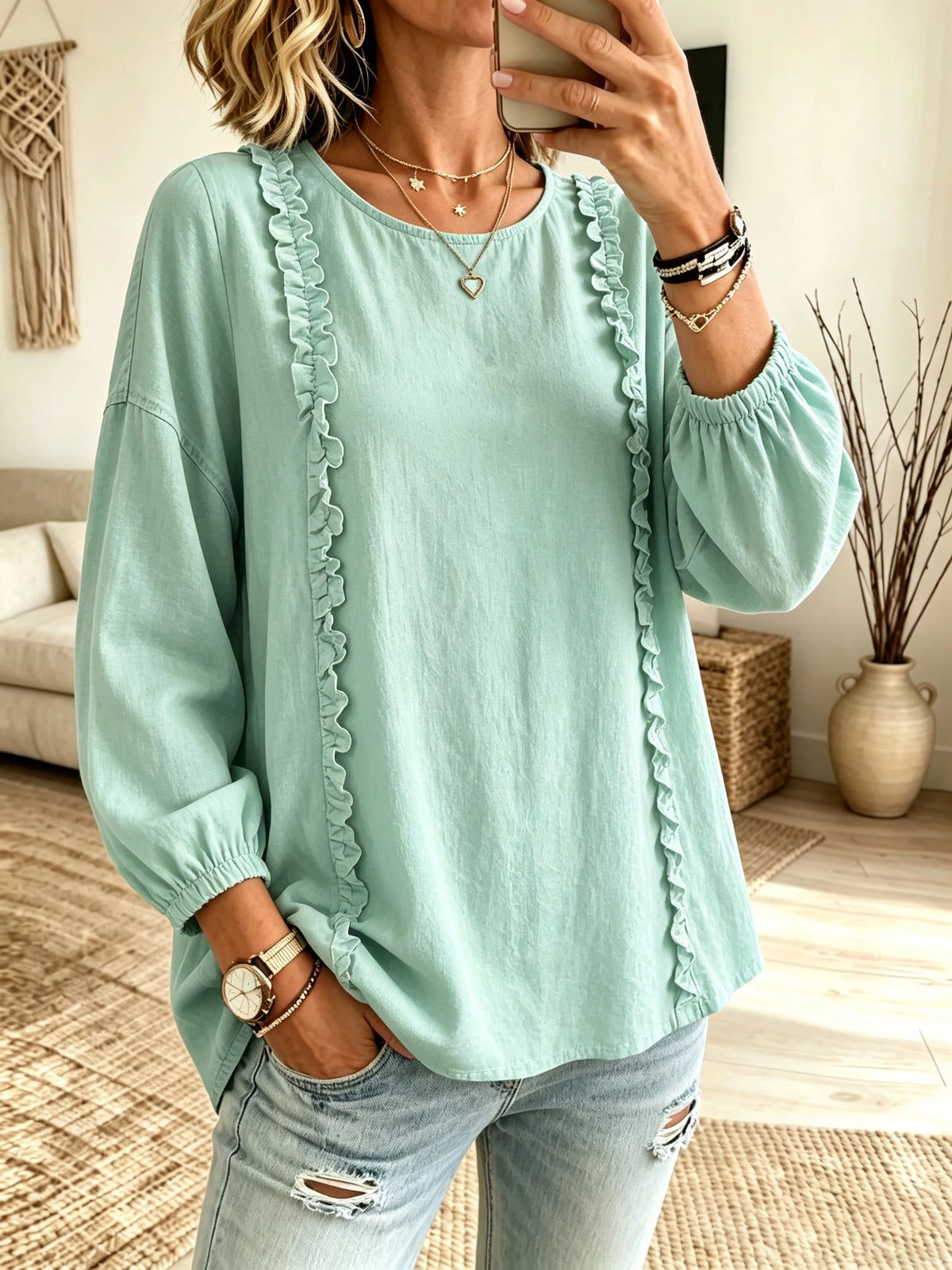 Women's Ruffle Trim Long Sleeve Blouse