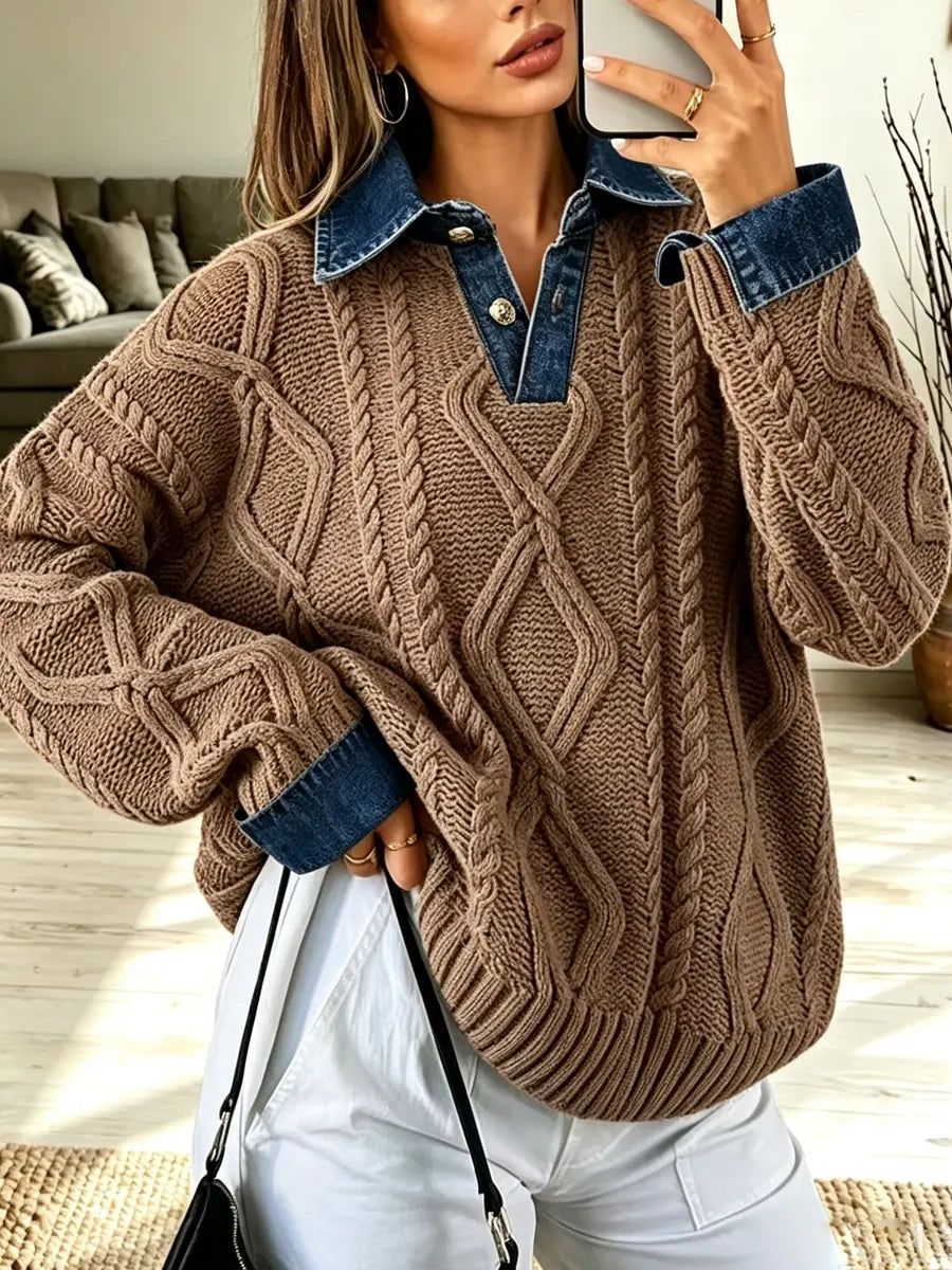 Retro Denim Patchwork Art Casual Stylish Long Sleeve Knit Sweater