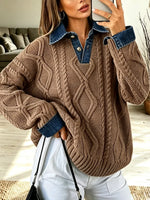 Retro Denim Patchwork Art Casual Stylish Long Sleeve Knit Sweater