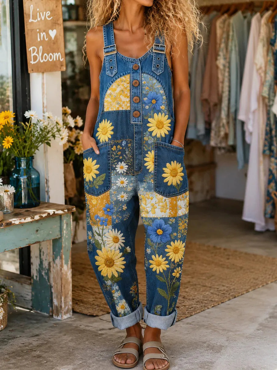 Women Sunflower Patch Floral Print Denim Long Overalls