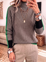 Womens Herringbone Color Block Patchwork Long Sleeve Knit Sweater