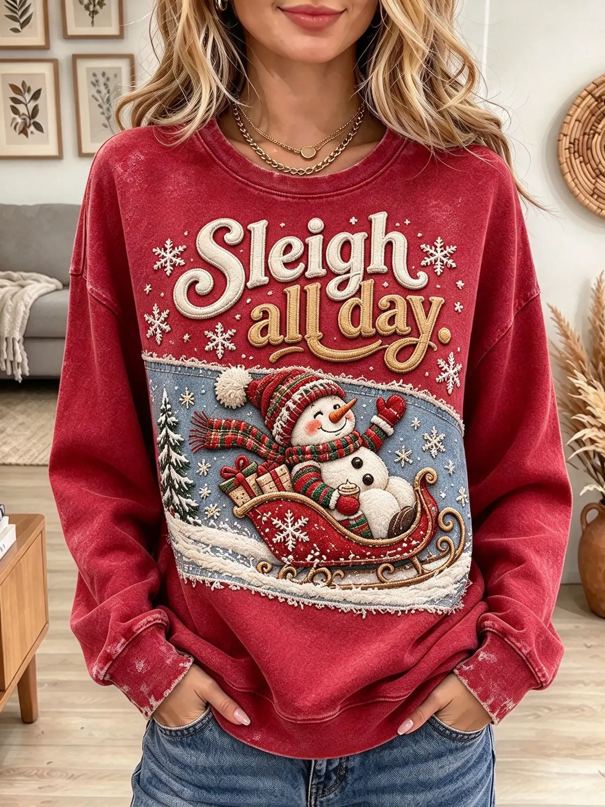 Women's Sleigh All Day Snowman Graphic Sweatshirt