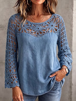 Vintage Elegant Openwork Crochet Patchwork Denim Shirt