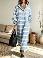 Women's Striped Half-Zip Hooded Sweatshirt Maxi Dress