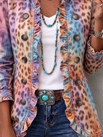 Retro Leopard Pattern Art Print Ruffle Casual Stylish Cotton Lapel Coat