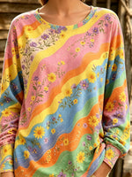 Women's Rainbow Wavy Daisy Print Long Sleeve Top