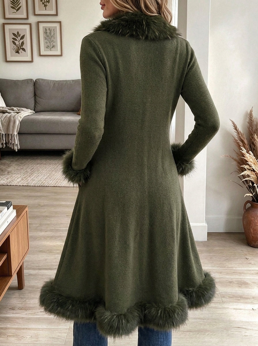 Women's Olive Green Knit Long Coat with Plush Faux Fur Trim and Pockets