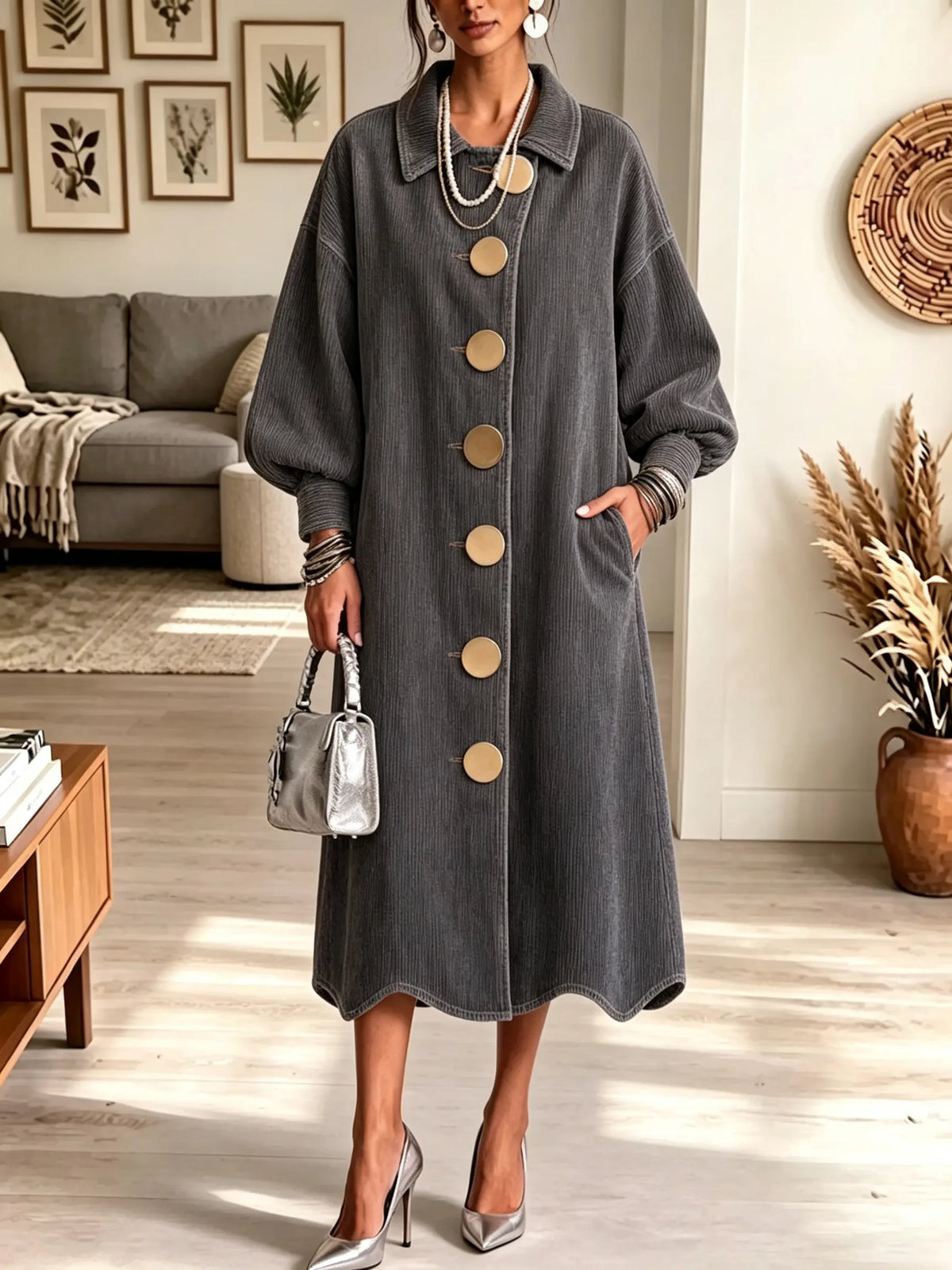 Women's Oversized Gold Button Long Denim Coat Dress