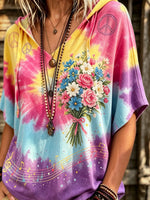 Women's Tie-Dye Floral Print Short Sleeve Hoodie