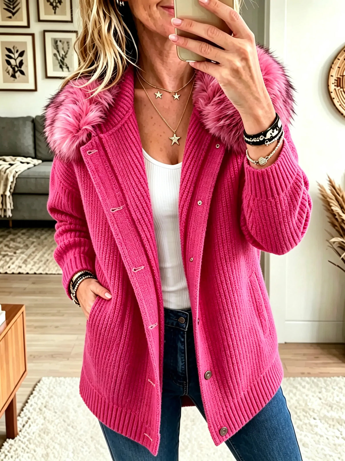 Women's Faux Fur Collar Ribbed Knit Cardigan