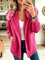 Women's Faux Fur Collar Ribbed Knit Cardigan